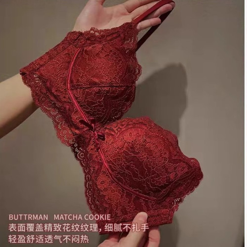 原版紅色內衣女小胸聚攏性感上托蕾絲本命年結婚調整型文胸套裝