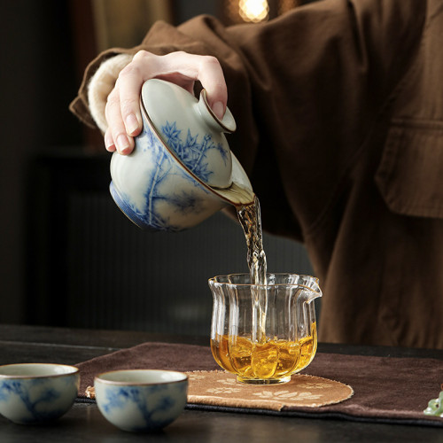 青花汝窰蓋碗茶杯單個高檔泡茶壺手抓壺家用旅行茶具防燙茶碗帶蓋