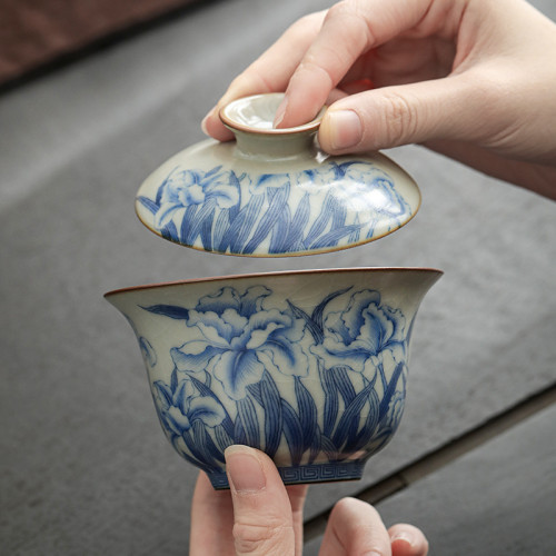 青花汝窰蓋碗茶杯單個高檔泡茶壺手抓壺家用旅行茶具防燙茶碗帶蓋