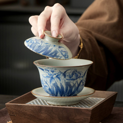 青花汝窰蓋碗茶杯單個高檔泡茶壺手抓壺家用旅行茶具防燙茶碗帶蓋