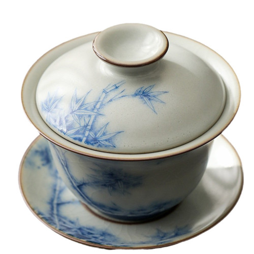 青花汝窰蓋碗茶杯單個高檔泡茶壺手抓壺家用旅行茶具防燙茶碗帶蓋