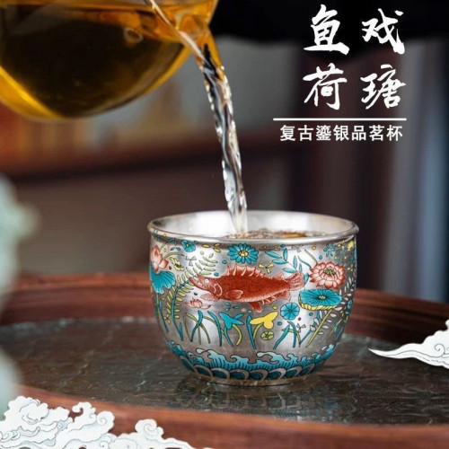 陶瓷鎏銀主人茶杯品茗單杯陶瓷主人杯家用銀杯高檔單人功夫茶具