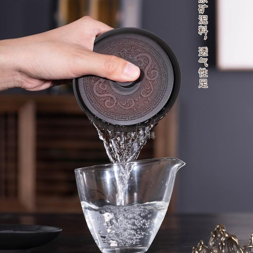 雲南原礦紫陶龍紋三才蓋碗茶具純手工蓋杯泡茶功夫茶具家用泡茶碗
