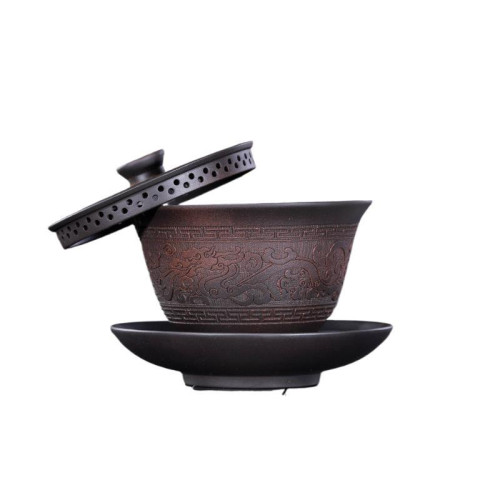 雲南原礦紫陶龍紋三才蓋碗茶具純手工蓋杯泡茶功夫茶具家用泡茶碗
