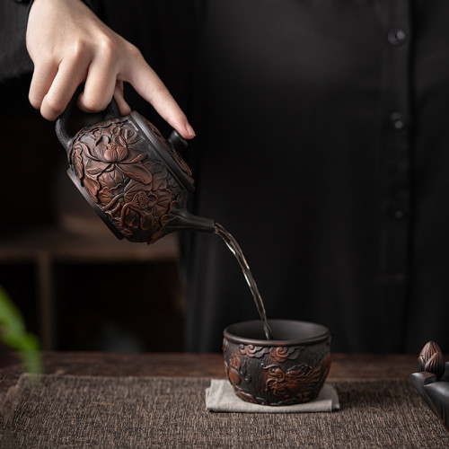 復古紫陶茶具套裝中式家用客廳泡茶壺杯陶瓷浮雕功夫茶具輕奢禮品