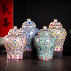 琺瑯彩陶瓷茶葉罐青花瓷仿古風精品防潮將軍罐普洱密封罐擺件
