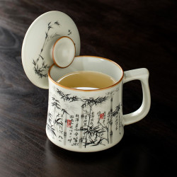 汝窰墨竹茶杯陶瓷帶蓋水杯馬克杯個人專用高檔辦公室喝茶杯子