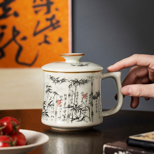 汝窰墨竹茶杯陶瓷帶蓋水杯馬克杯個人專用高檔辦公室喝茶杯子