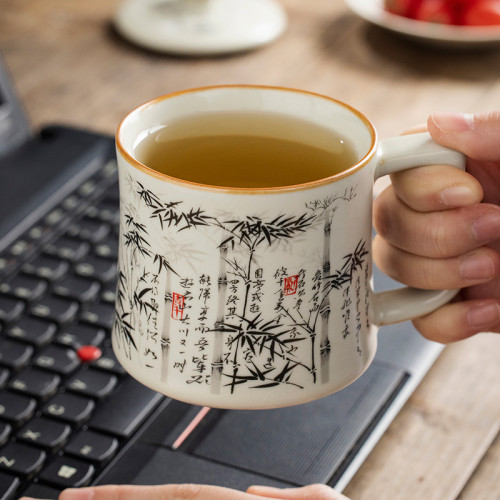 汝窰墨竹茶杯陶瓷帶蓋水杯馬克杯個人專用高檔辦公室喝茶杯子