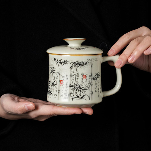 汝窰墨竹茶杯陶瓷帶蓋水杯馬克杯個人專用高檔辦公室喝茶杯子