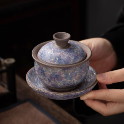 柴燒巖礦三才蓋碗巖礦茶杯景德鎮蓋杯創意功夫茶具主泡茶碗泡茶器
