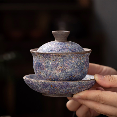 柴燒巖礦三才蓋碗巖礦茶杯景德鎮蓋杯創意功夫茶具主泡茶碗泡茶器
