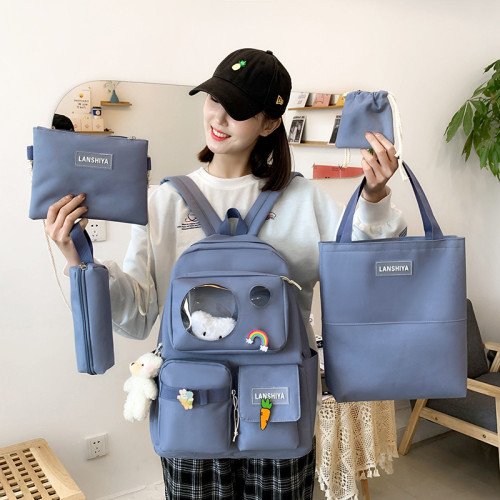 新款可愛韓版ins書包女初高中小學生雙肩包森系五件套手提補課袋