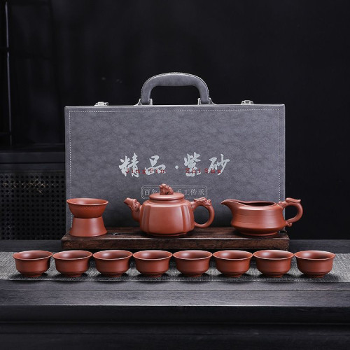高檔紫砂茶具套裝硃泥茶具功夫泡茶壺家用會客喝茶茶杯蓋碗泡茶器