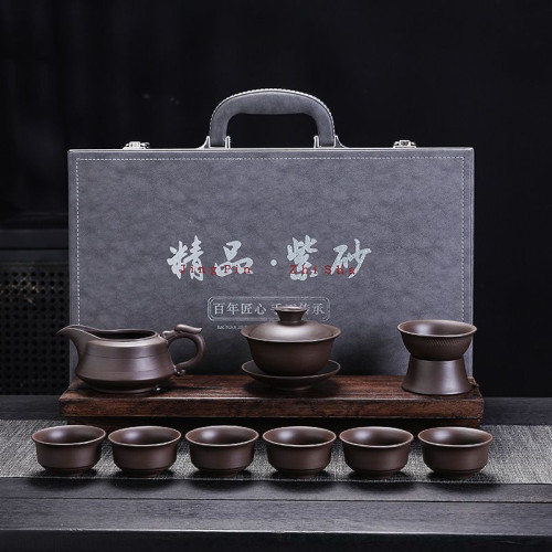 高檔紫砂茶具套裝硃泥茶具功夫泡茶壺家用會客喝茶茶杯蓋碗泡茶器