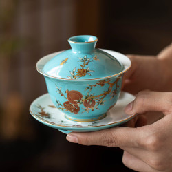 瓷理陶裡榴金堆料三才蓋碗中式白瓷泡茶碗精美陶瓷茶具茶杯