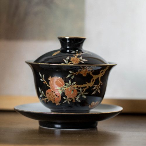 瓷理陶裡榴金堆料三才蓋碗中式白瓷泡茶碗精美陶瓷茶具茶杯