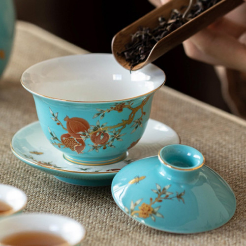 瓷理陶裡榴金堆料三才蓋碗中式白瓷泡茶碗精美陶瓷茶具茶杯