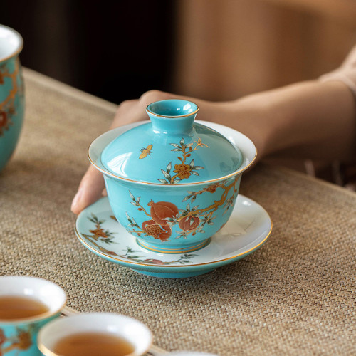 瓷理陶裡榴金堆料三才蓋碗中式白瓷泡茶碗精美陶瓷茶具茶杯