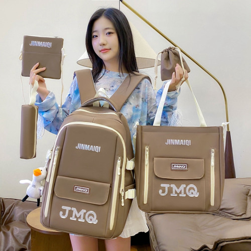 韓版ins風帆布雙肩包女高顔值休閒旅行後背包大容量五件套學生書包
