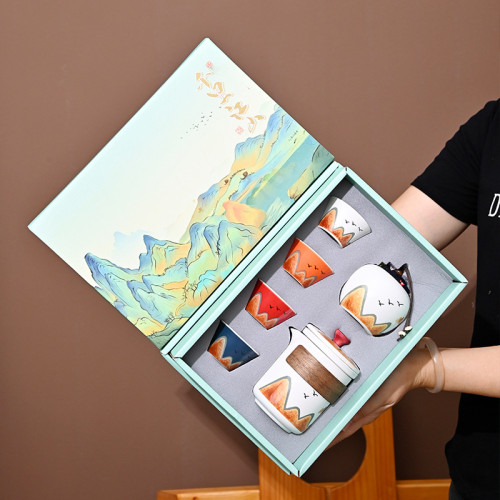 千里江山文創國潮茶具一壺四杯套裝陶瓷整套家用可攜式禮品禮盒