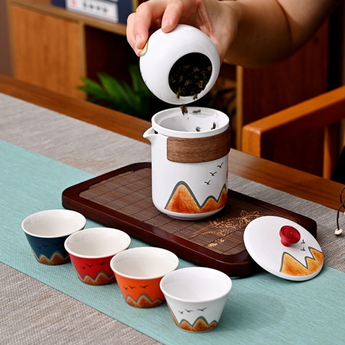 千里江山文創國潮茶具一壺四杯套裝陶瓷整套家用可攜式禮品禮盒