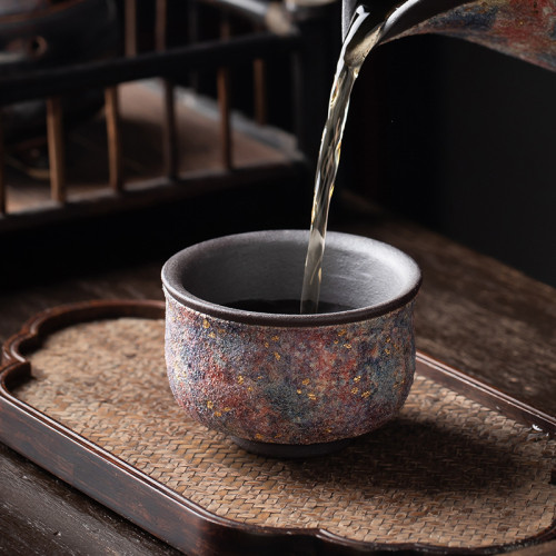 巖礦斑斕粗陶茶杯純手工日式茶具茶道巖泥創意復古主人杯單杯可養