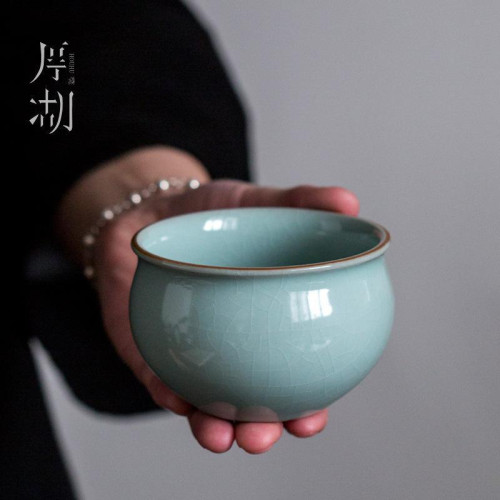 厚湖窰天青汝窰開片可養主人杯功夫茶杯單杯茶盞家用個人品茗杯