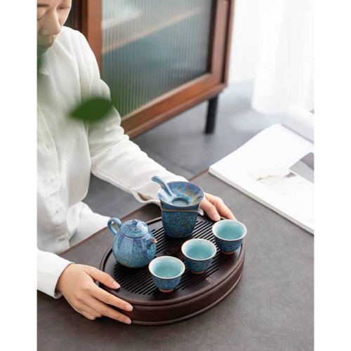 大元張金谿浮翠藍玉陶瓷戶外可攜式旅行龍蛋壺精緻茶杯小套茶具禮品