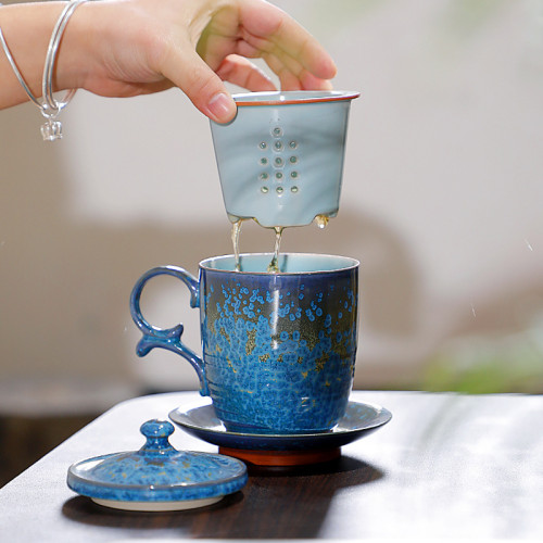素緣張金谿浮翠藍玉茶水分離高檔泡茶杯陶瓷辦公室過濾水杯子