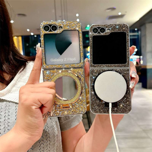 適用三星ZFilp7電鍍閃鑽手機殼鏡面ZFilp3/4磁吸ZFilp6折曡支架新