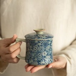 仿宋汝窰青花萬花自在水杯茶杯陶瓷帶蓋辦公杯家用高檔茶具泡茶杯