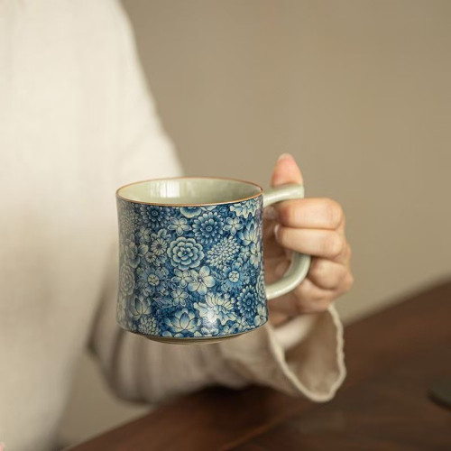 仿宋汝窰青花萬花自在水杯茶杯陶瓷帶蓋辦公杯家用高檔茶具泡茶杯