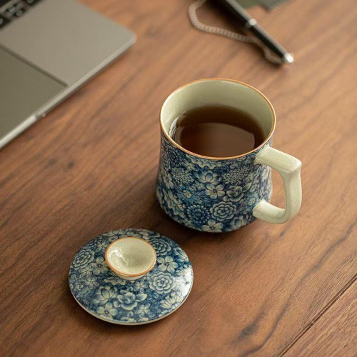 仿宋汝窰青花萬花自在水杯茶杯陶瓷帶蓋辦公杯家用高檔茶具泡茶杯