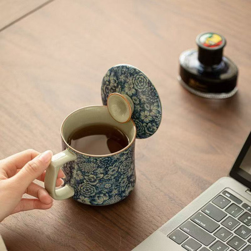 仿宋汝窰青花萬花自在水杯茶杯陶瓷帶蓋辦公杯家用高檔茶具泡茶杯