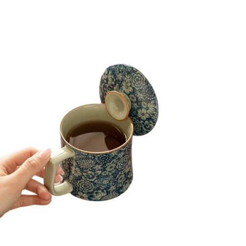 仿宋汝窰青花萬花自在水杯茶杯陶瓷帶蓋辦公杯家用高檔茶具泡茶杯
