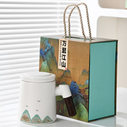 手繪千里江山水杯文創辦公杯商務茶水分離茶杯禮品套裝陶瓷伴手禮