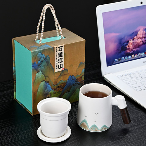 手繪千里江山水杯文創辦公杯商務茶水分離茶杯禮品套裝陶瓷伴手禮