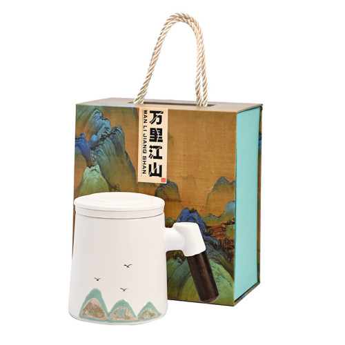 手繪千里江山水杯文創辦公杯商務茶水分離茶杯禮品套裝陶瓷伴手禮