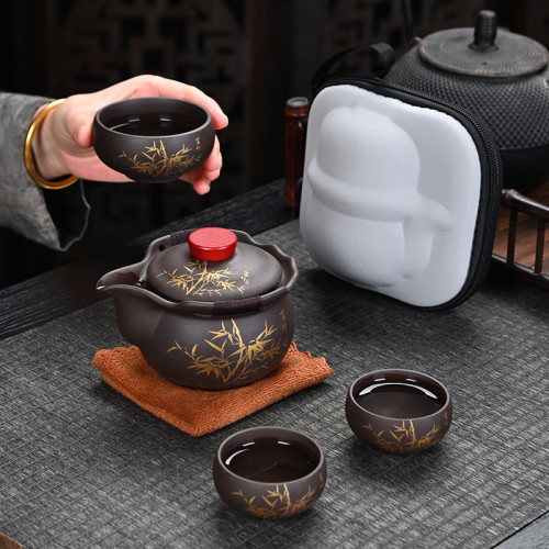 富足紫砂手抓壺旅行茶具套裝整套一壺三杯泡茶壺快客杯可攜式包