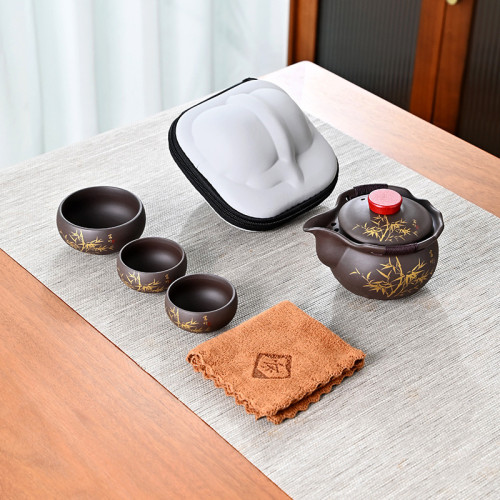 富足紫砂手抓壺旅行茶具套裝整套一壺三杯泡茶壺快客杯可攜式包