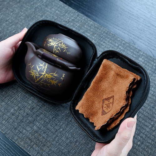 富足紫砂手抓壺旅行茶具套裝整套一壺三杯泡茶壺快客杯可攜式包