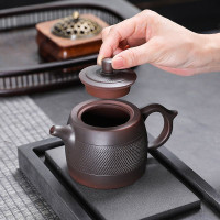 創意紫陶全手工跳刀紋鳳鳴井欄壺家用功夫茶具單復古壺大號泡茶壺