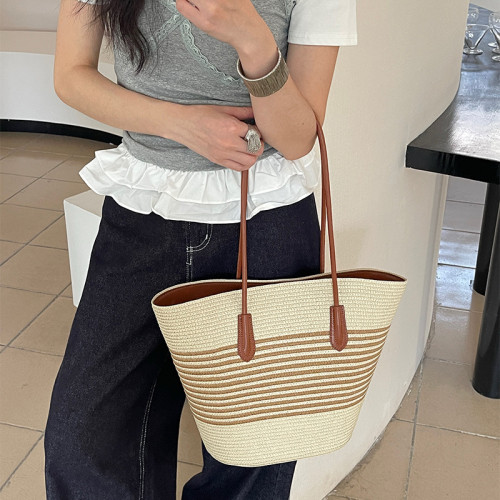 包包女2025新款撞色腋下包沙灘包編織包海邊百搭大容量單肩托特包
