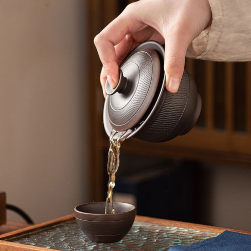 雲南紫陶茶具全手工雕刻全孔三才蓋碗不燙手可懸停高級新中式泡茶