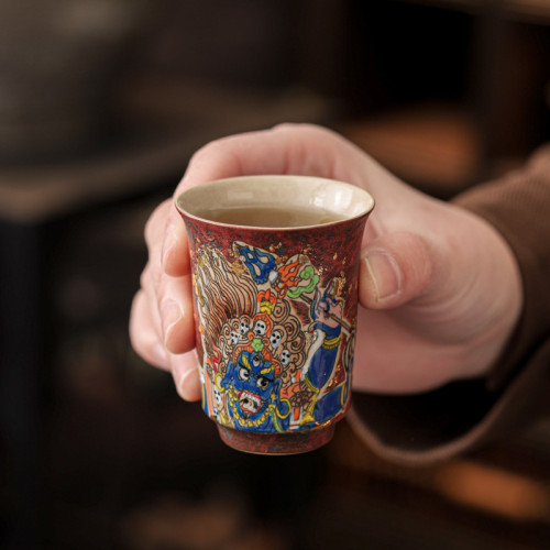 茶杯家用草木灰唐卡手繪大黑天聞香杯功夫品茗杯陶瓷主人杯泡茶具