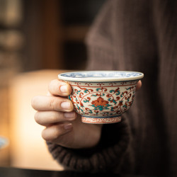 中式復古陶瓷家用主人杯青花釉裡紅壓手杯個人專用喝茶杯纏枝蓮