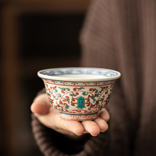 中式復古陶瓷家用主人杯青花釉裡紅壓手杯個人專用喝茶杯纏枝蓮