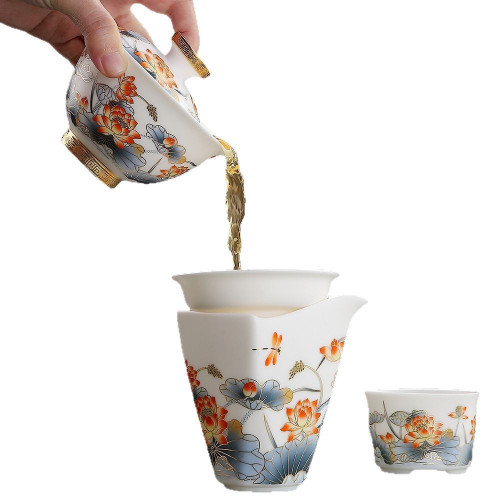 羊脂玉素燒高檔茶具  滿堂荷趣 蓋碗單品