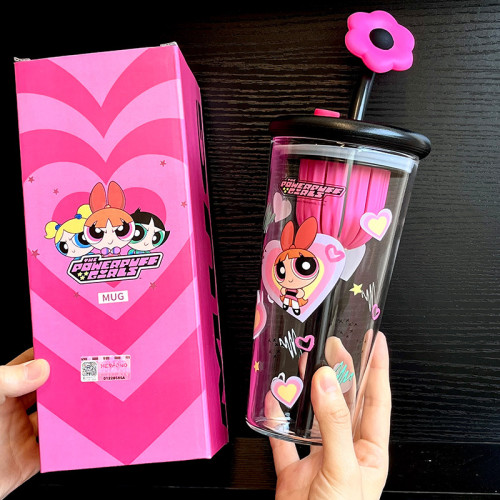 飛天小女警玻璃杯子女生高顔值2025新款吸管水杯泡茶分離夏日